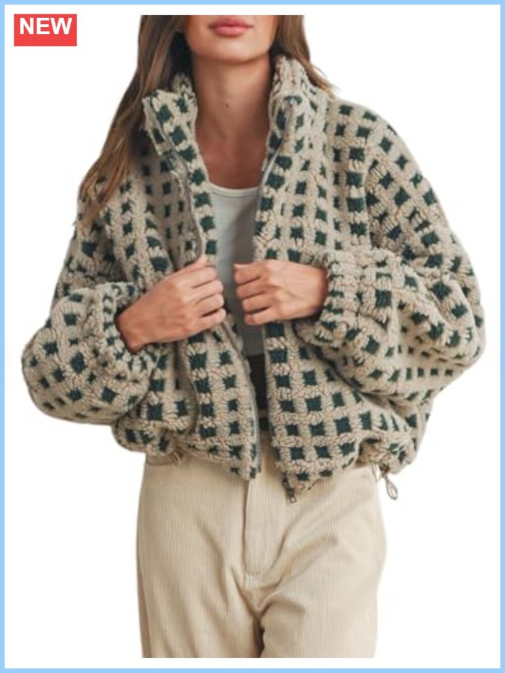 Women's Cropped Sherpa Fleece Plaid Jacket Casual Zip Up Faux Fur Fuzz